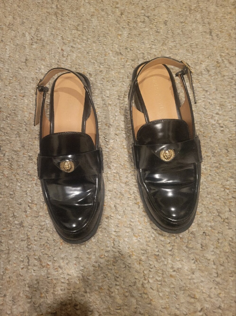 Madden Girl 8.5 Black Patent Leather Loafers with Gold Medallion